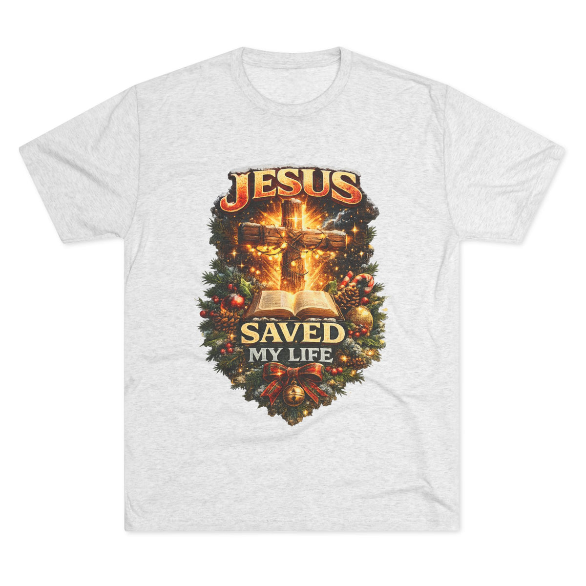 Jesus Saved My Life T-Shirt | Christian Cross Bible Christmas Wreath