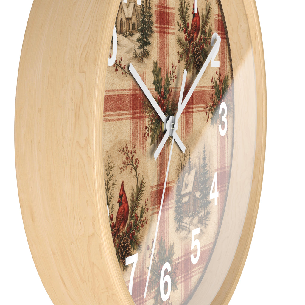 Cardinal Plaid Cabin Wall Clock | Rustic Christmas Cabin Clock