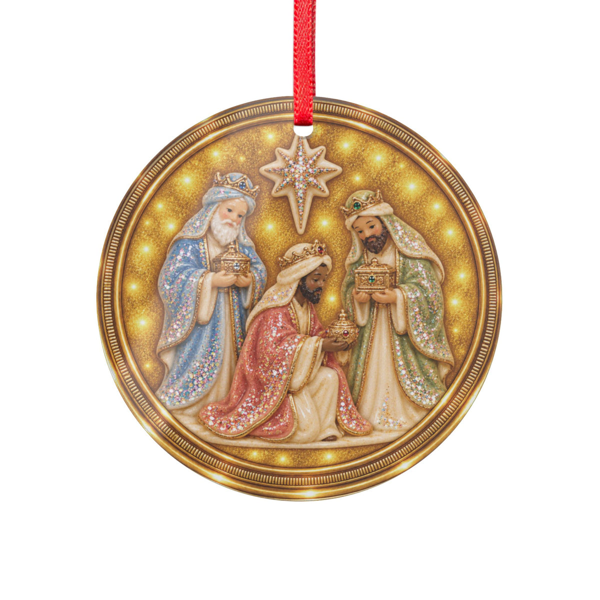 Vintage 1960s Keepsake Three Wise Men Christmas Acrylic Blue and Gold Ornament, Round