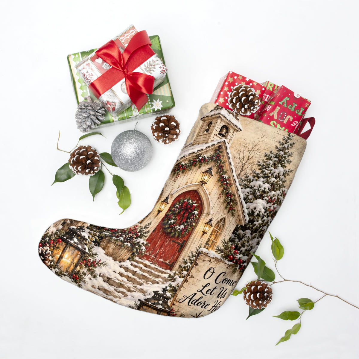 Vintage Church Wreath Christmas Stocking | O Come Let Us Adore Him