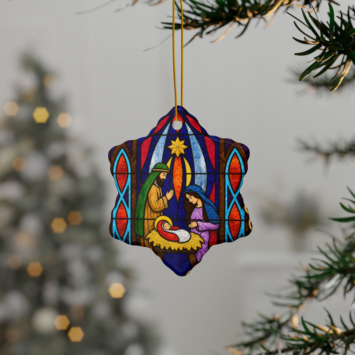 Nativity Stained Glass Ornament Ceramic Ornament | Christmas Hanging Decoration