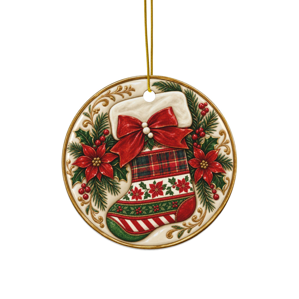 Traditional Christmas Stocking Ceramic Ornament | Red Green Gold Holiday Décor | Sets of 1, 3, 5 or 10