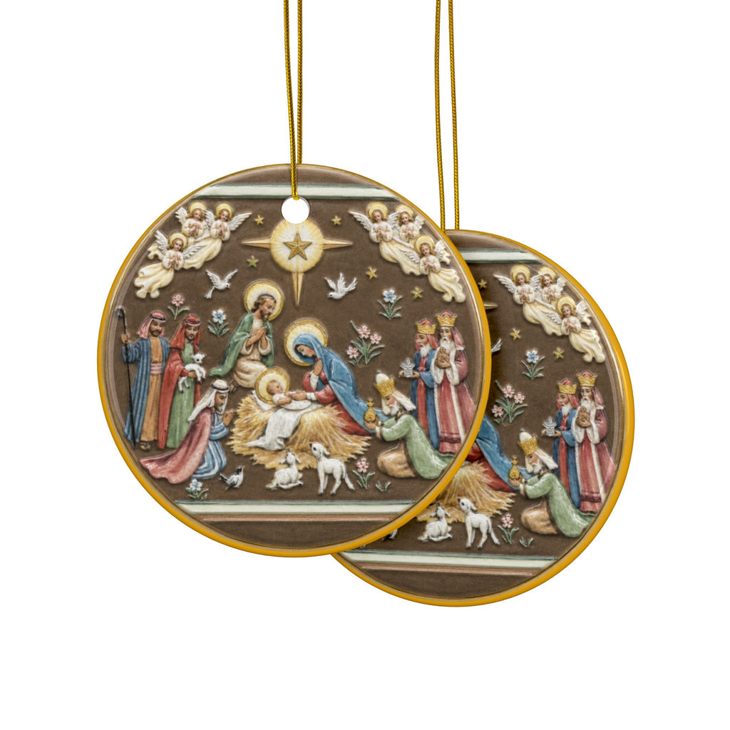 Vintage Full Nativity Scene Ceramic Christmas Ornaments, 2-Side Print, (1pc, 3pcs, 5pcs, 10pcs)