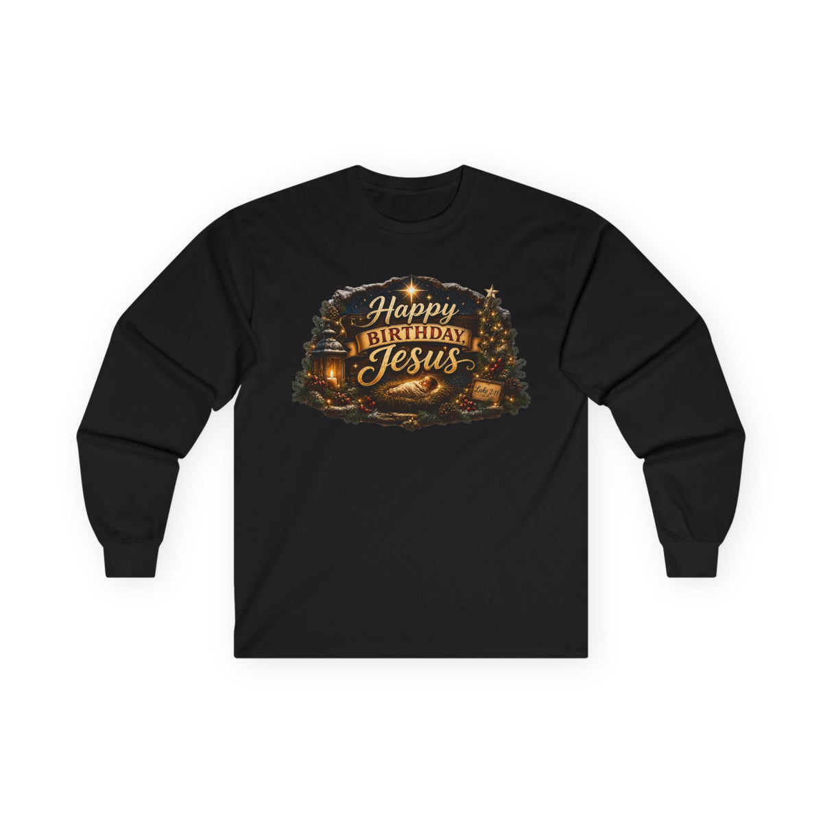 Happy Birthday Jesus Long Sleeve Tee | Nativity Christmas Religious Tee