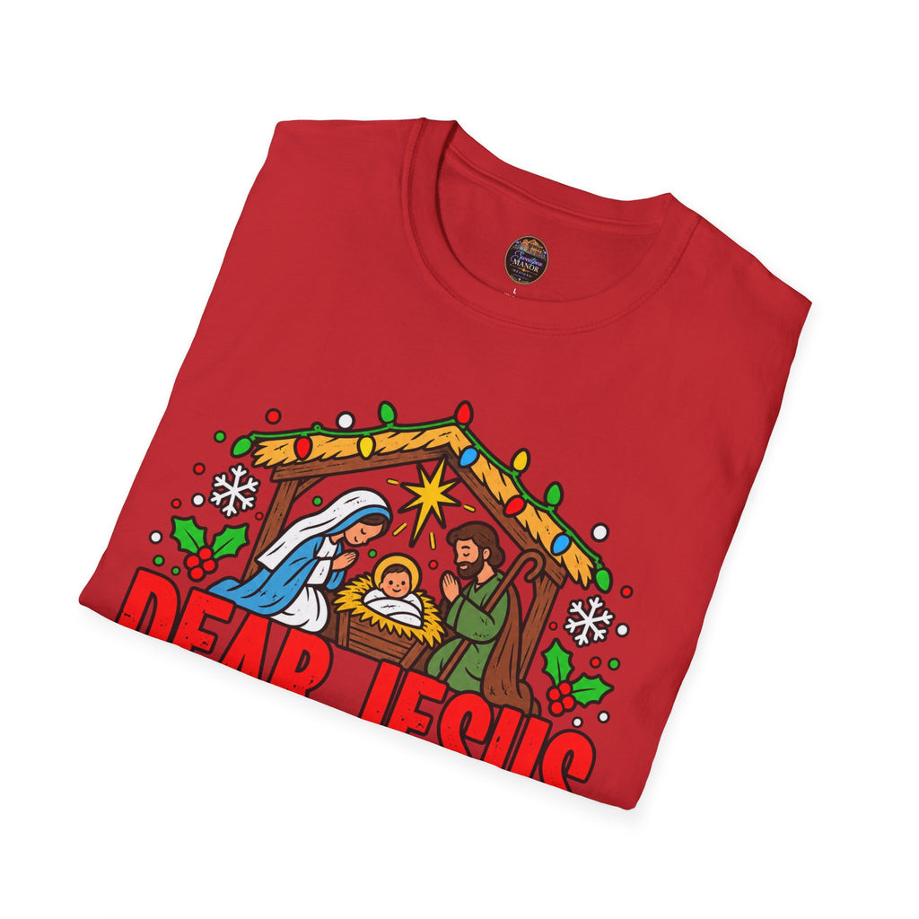 Dear Jesus Nativity Illustration T-Shirt | Humorous Religious Christmas Tee