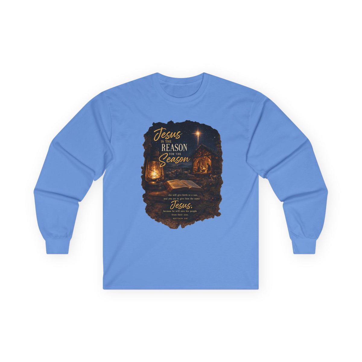 Jesus Reason Season nativity scene Long Sleeve Tee | Christian faith scripture design