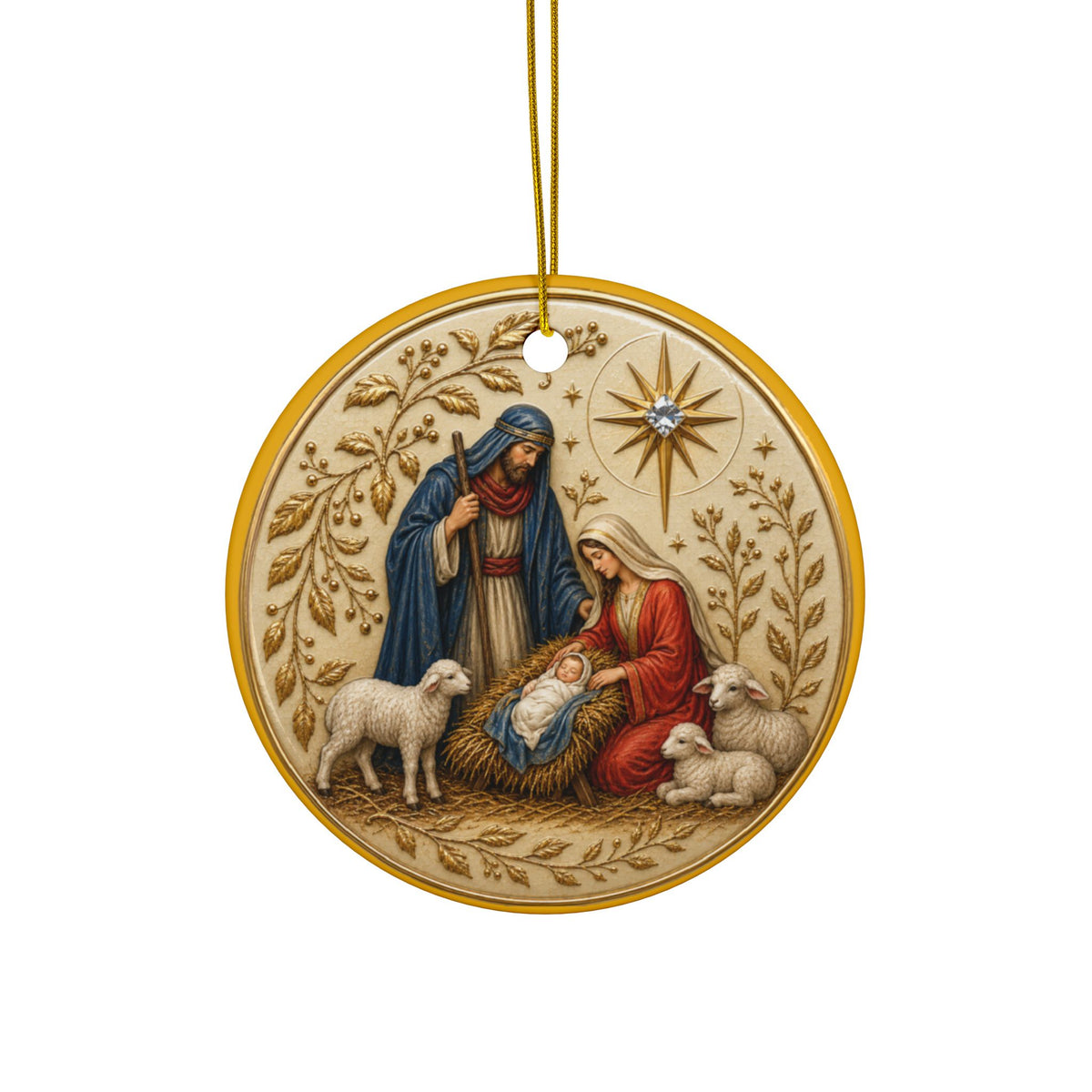 Nativity Scene Ceramic Ornament | Round Double-Sided Christmas Ornament