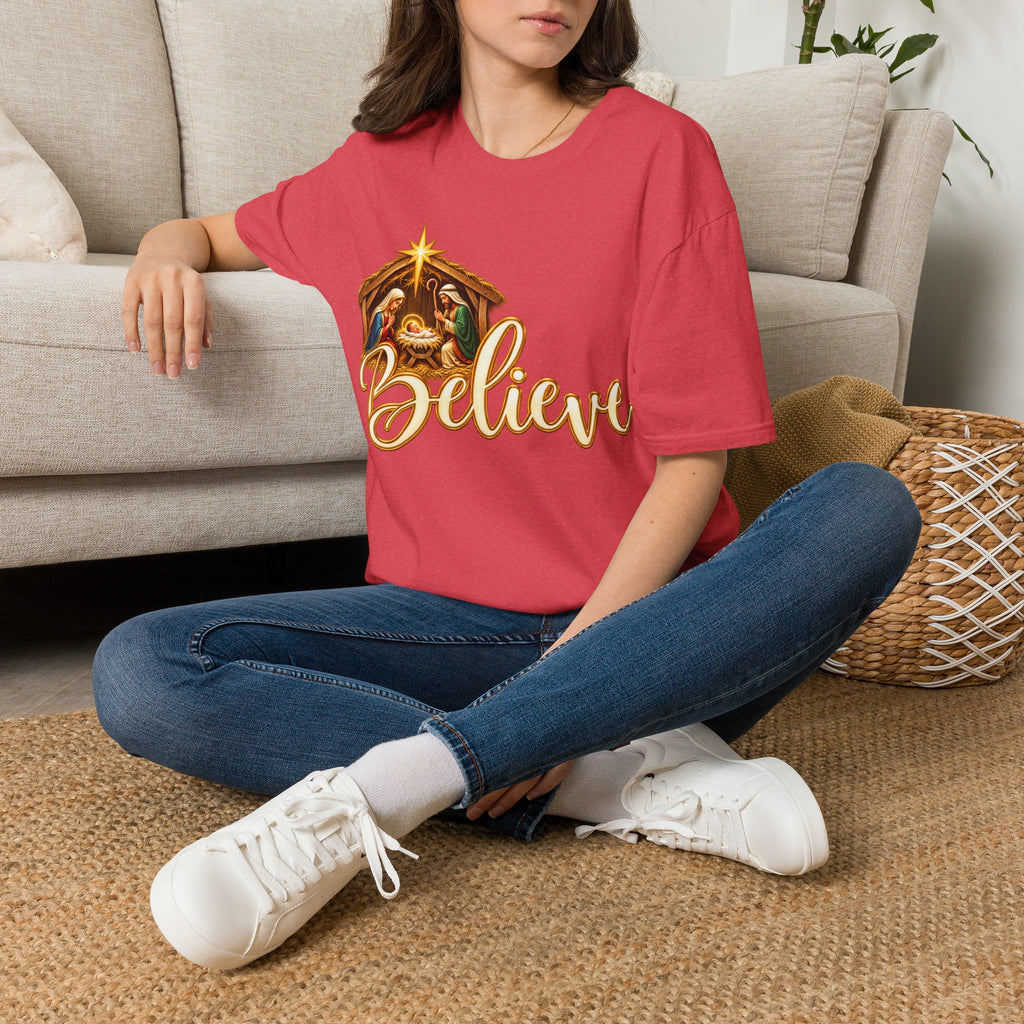 Nativity Manger Believe T-Shirt | Christmas Religious Holiday Tee