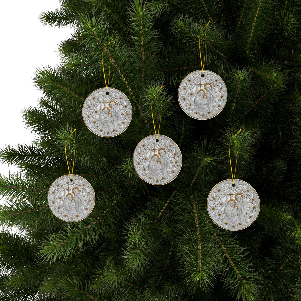 Lenox China inspired pierced Nativity ceramic Christmas Ornaments, 2-Side Print, (1pc, 3pcs, 5pcs, 10pcs)