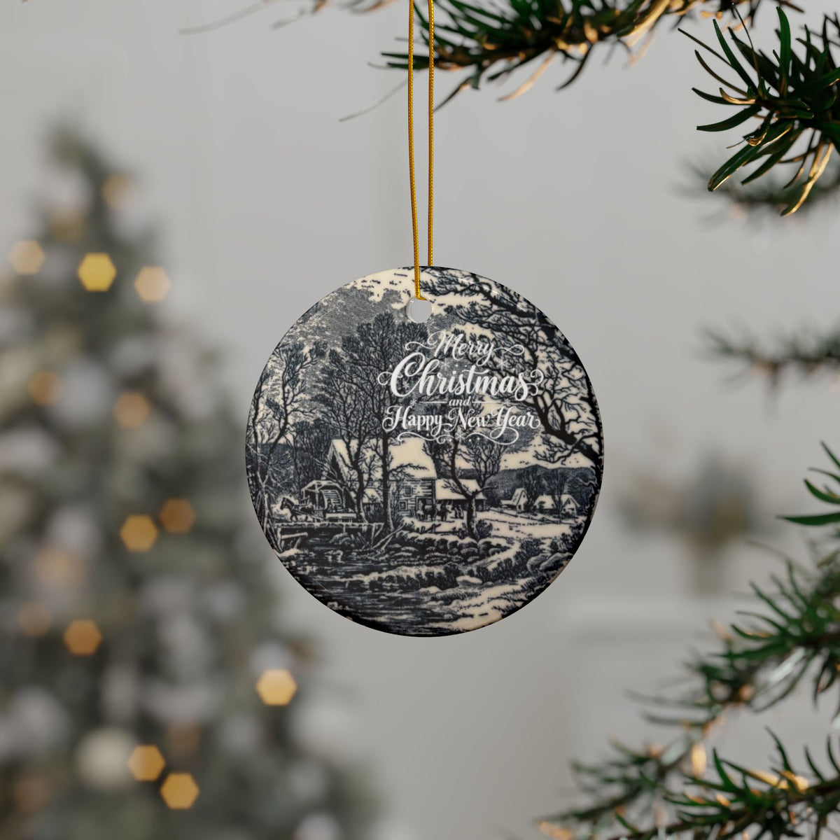 Currier and Ives “The Old Grist Mill” Blue and White Ceramic Ornaments, 2-Side Print, (1pc, 3pcs, 5pcs, 10pcs)