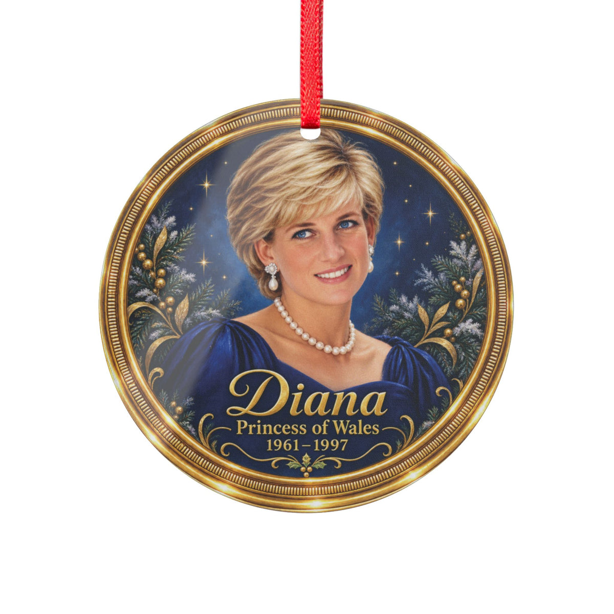 Diana, Princess of Wales Remembrance Blue and Gold Christmas Ornament, Round Acrylic