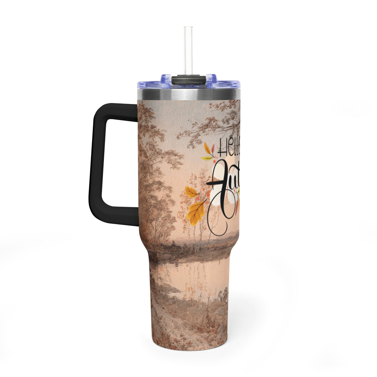 40oz Stainless Tumbler — "Hello Autumn" Fall Leaves Thermal Travel Mug