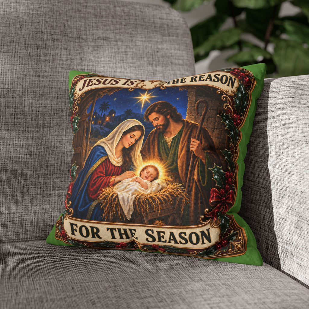 Jesus Is The Reason Nativity Illustration Pillowcase | Square Christmas Pillow