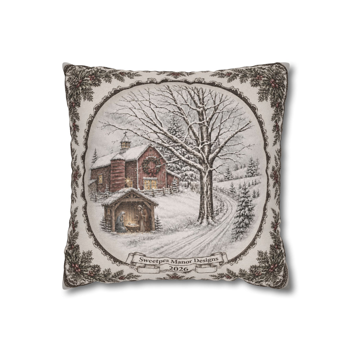 Winter Cabin Decorative Pillowcase — Snowy Village Scene Throw Pillow Cover