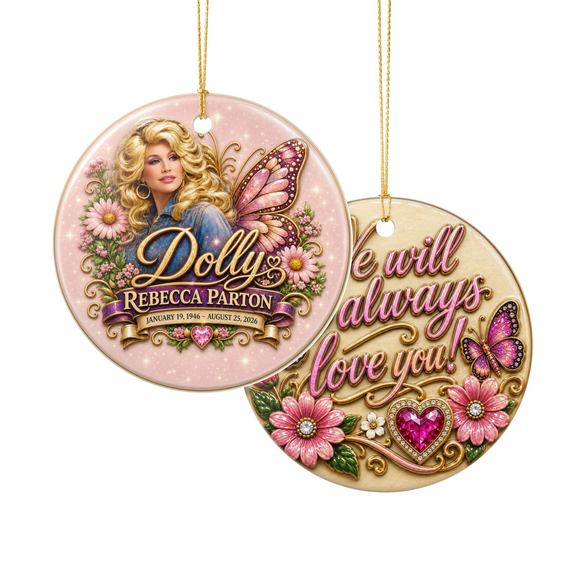 Dolly Parton Portrait Remembrance Ceramic Decoration Ornament, double sided (1pc)