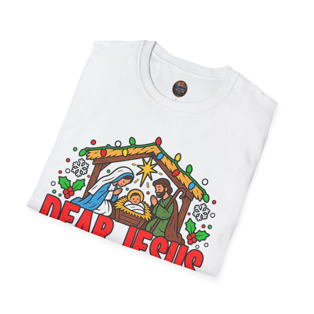 Dear Jesus Nativity Illustration T-Shirt | Humorous Religious Christmas Tee