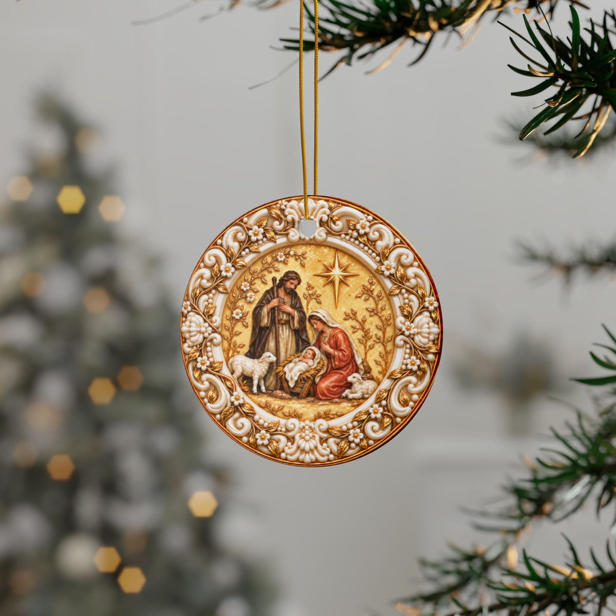 Holy Family Nativity Ceramic Christmas Ornament | Ornate Christian Holiday Décor | Sets of 1, 3, 5 or 10