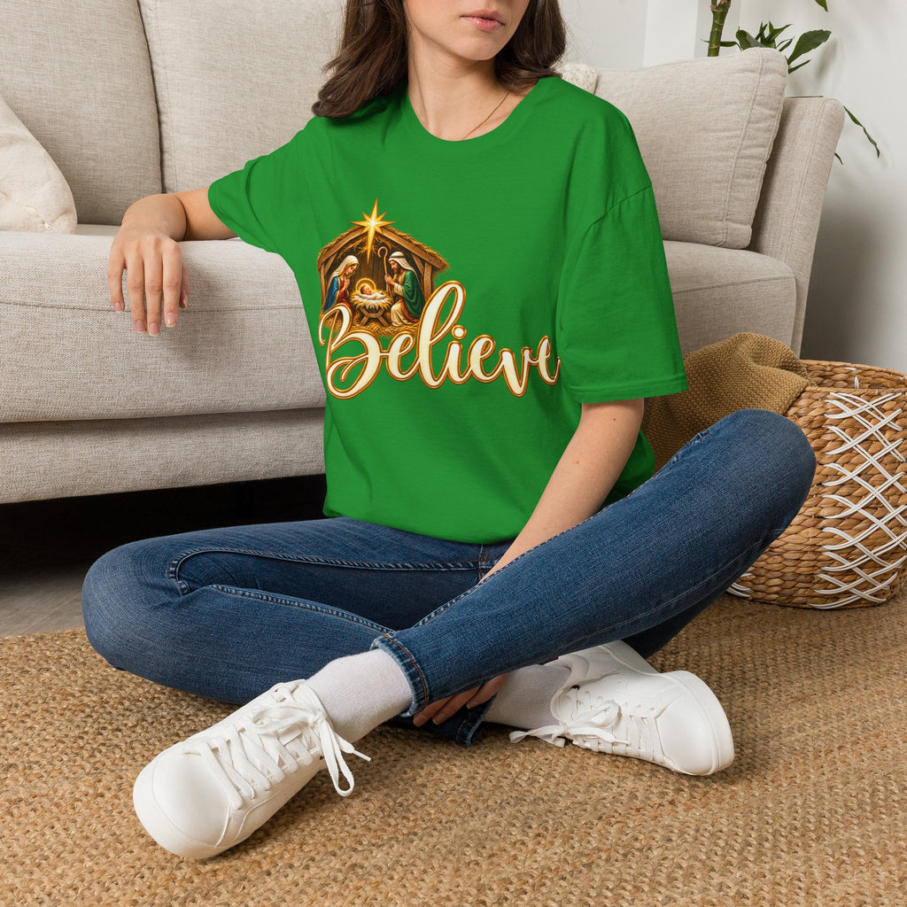 Nativity Manger Believe T-Shirt | Christmas Religious Holiday Tee