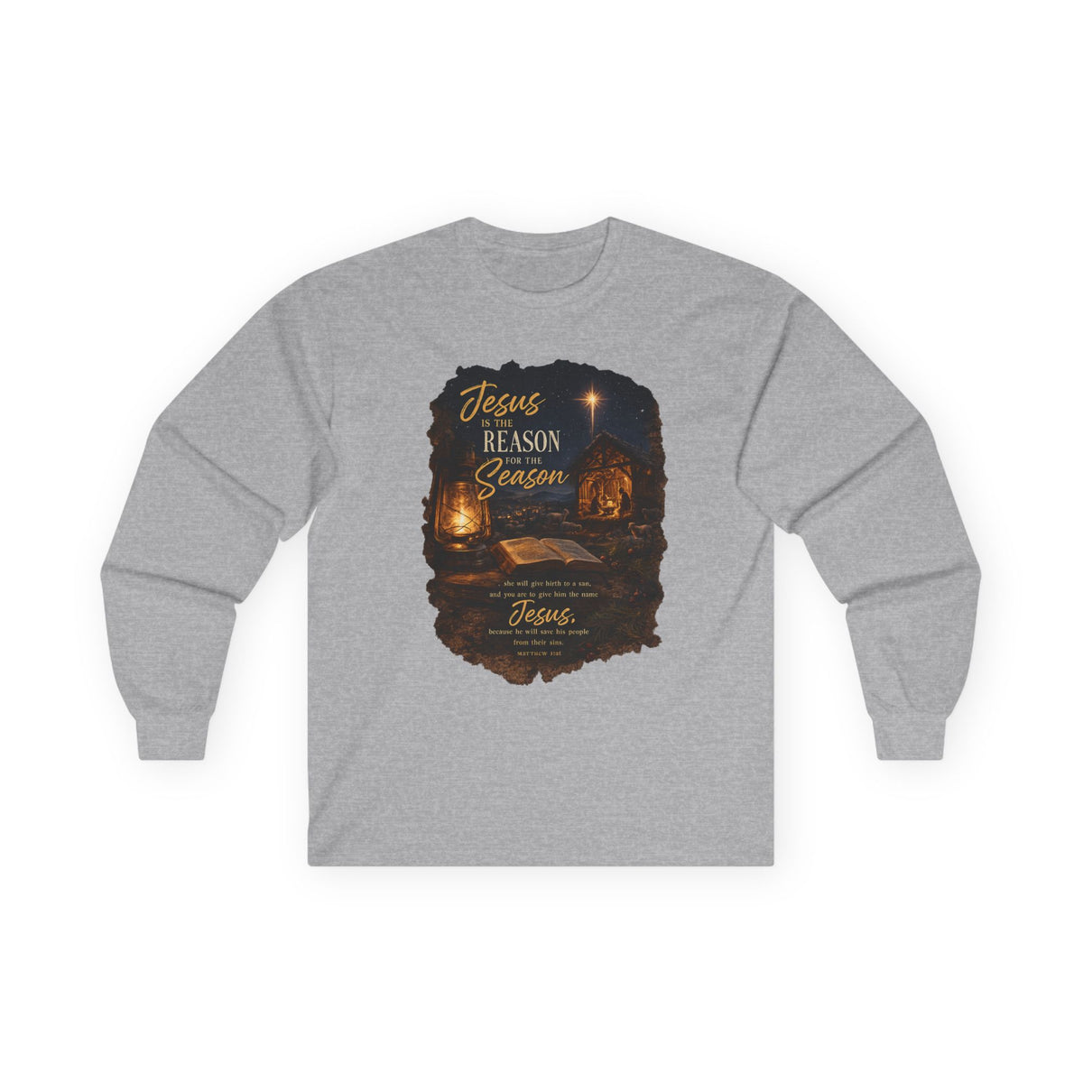 Jesus Reason Season nativity scene Long Sleeve Tee | Christian faith scripture design