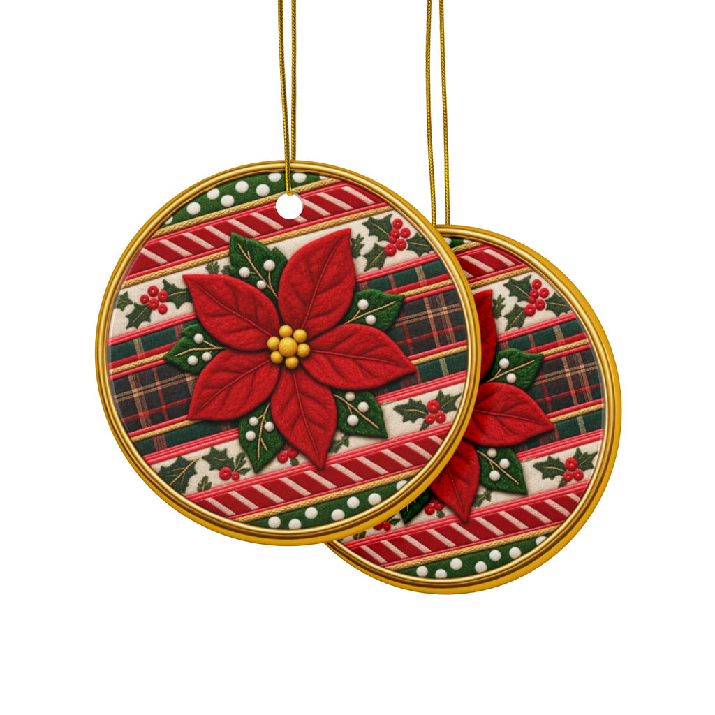 Poinsettia Plaid Ceramic Ornament — Double-Sided Christmas Tree Decoration