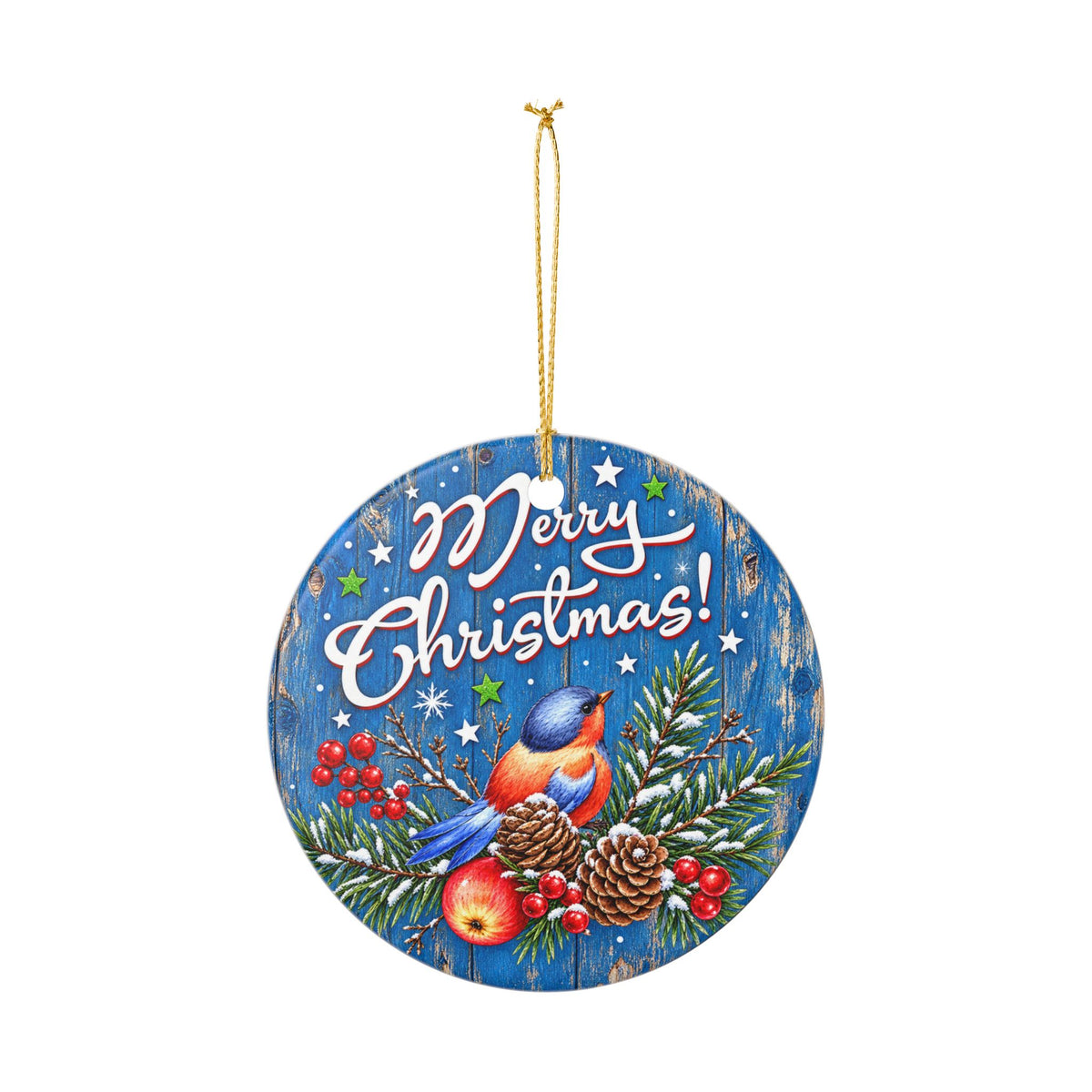 Merry Christmas Vintage Bluebird Greetings Winter Church Ceramic Decoration Ornament, (1pc)