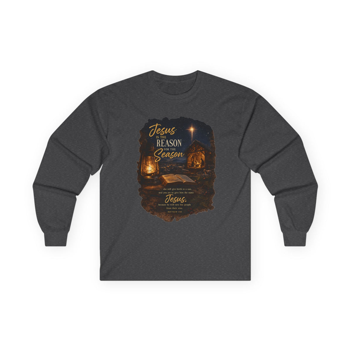 Jesus Reason Season nativity scene Long Sleeve Tee | Christian faith scripture design