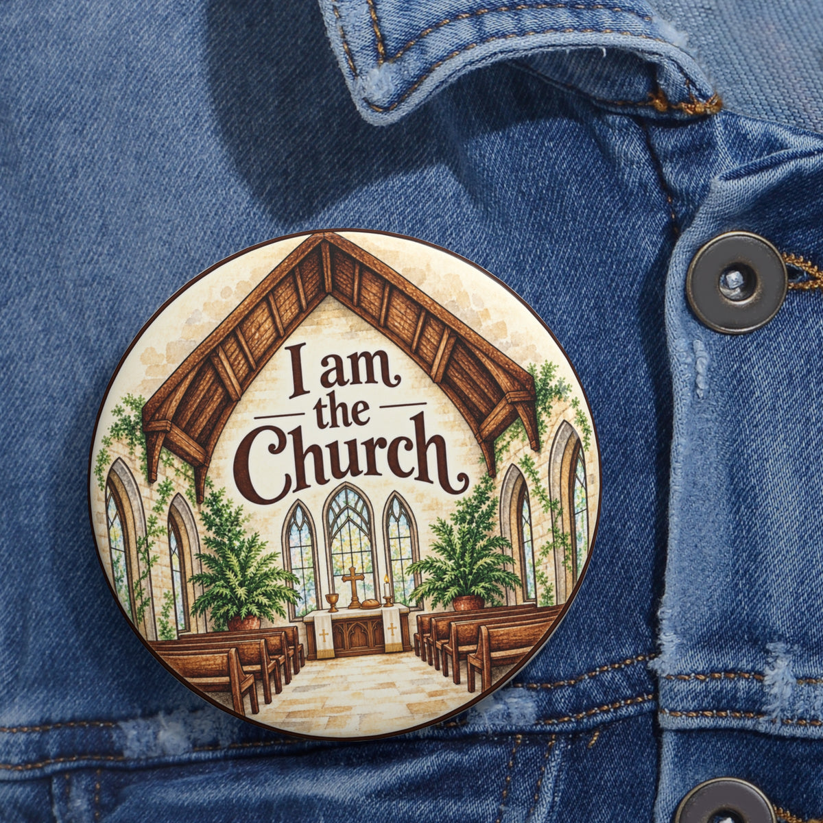 Walk to Emmaus I Am the Church pin button | Round Christian lapel pin