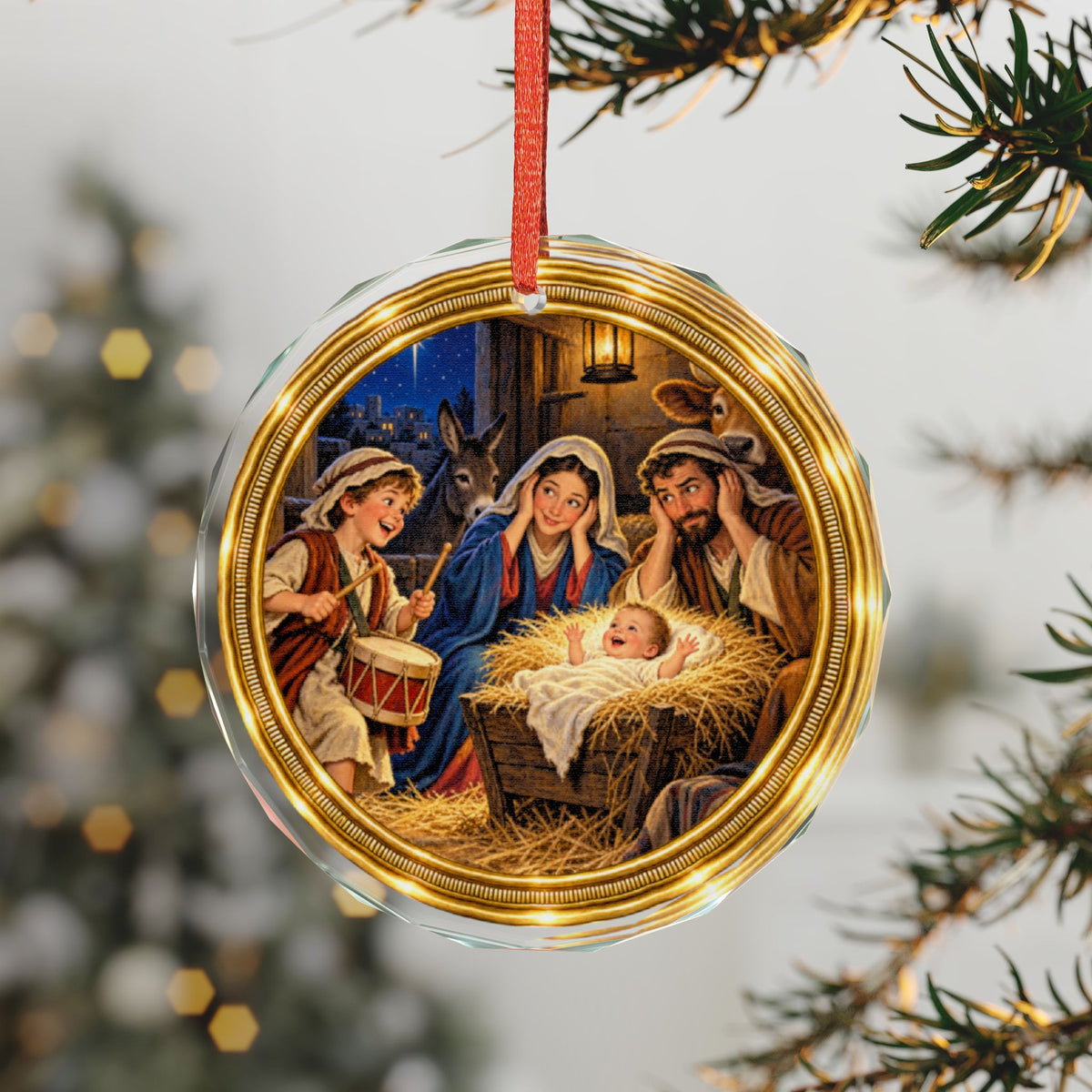Little Drummer Boy and Holy Family Glass Christmas Ornament, Single