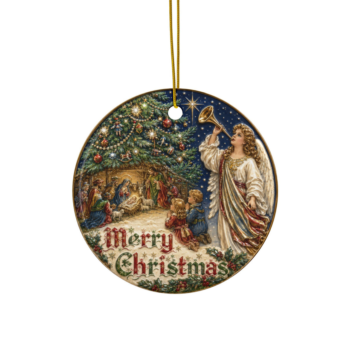 Vintage Children with Nativity Ceramic Christmas Ornaments, 2-Side Print, (1pc, 3pcs, 5pcs, 10pcs)