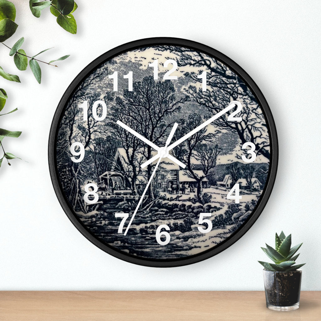 Blue and White Winter Transferware Style Wall Clock