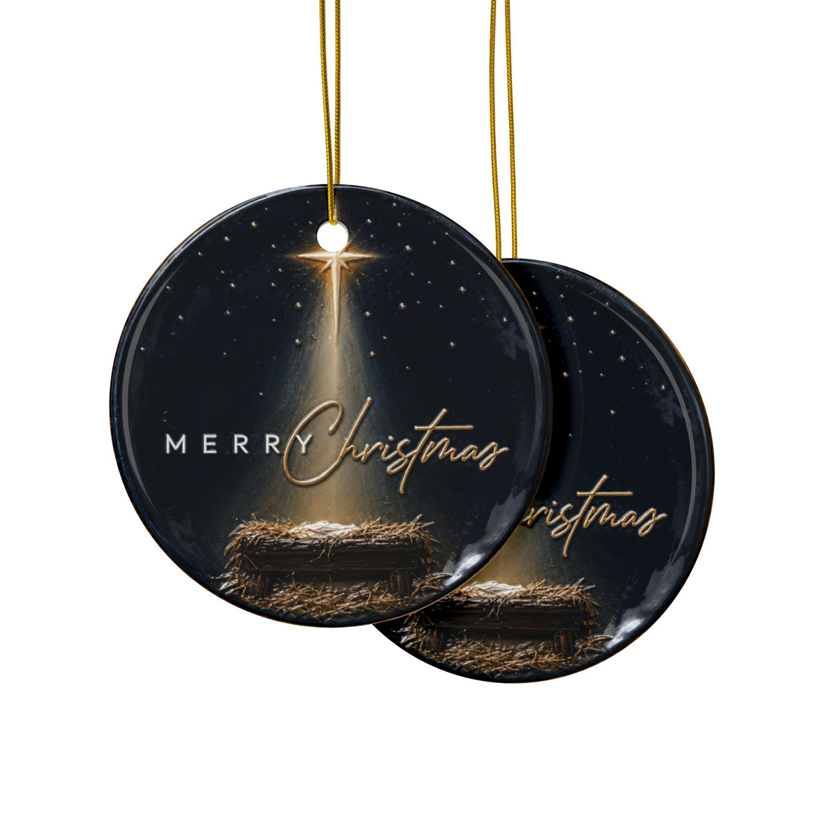 Merry Christmas Nativity with Illuminated Manger Christmas Ornaments, 2-Side Print, (1pc, 3pcs, 5pcs, 10pcs)