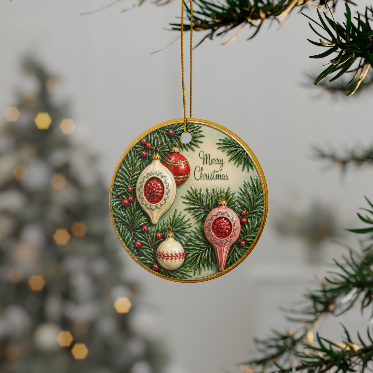 Vintage Decor Ceramic Christmas Ornaments, 2-Side Print, (1pc, 3pcs, 5pcs, 10pcs)