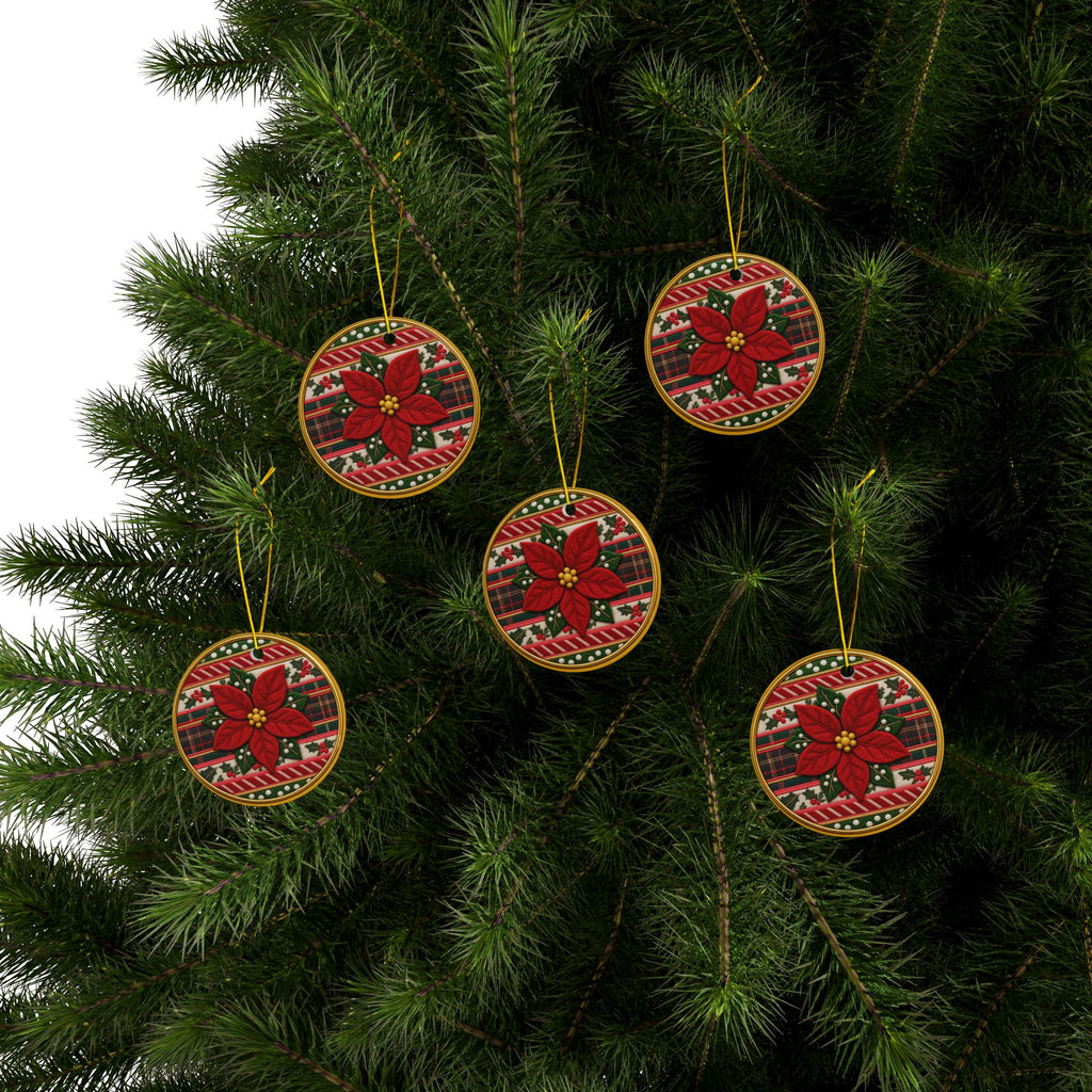 Colorful Poinsettia Embroidery Look Nativity Ceramic Christmas Ornaments, 2-Side Print, (1pc, 3pcs, 5pcs, 10pcs)