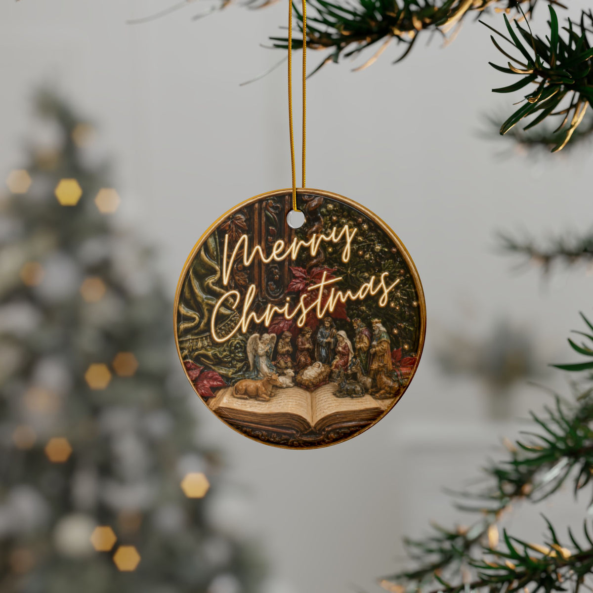 Vintage Nativity on Open Bible Christmas Ornaments, 2-Side Print, (1pc, 3pcs, 5pcs, 10pcs)