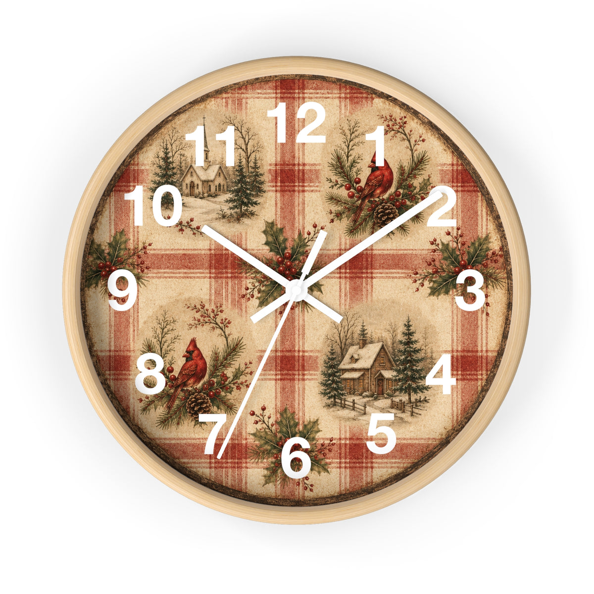 Cardinal Plaid Cabin Wall Clock | Rustic Christmas Cabin Clock