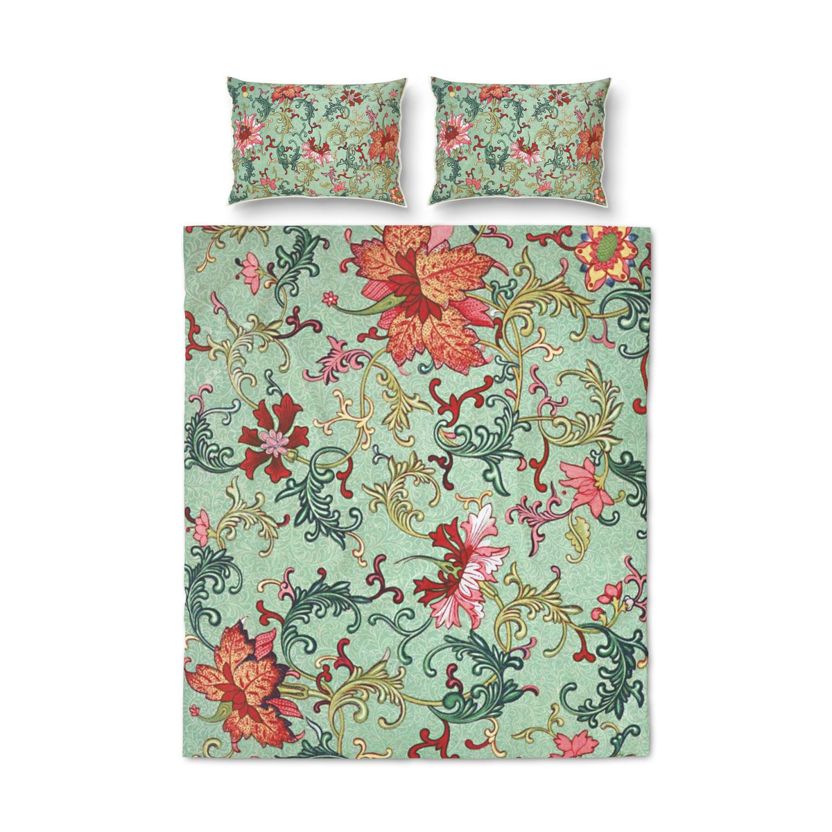 Vintage Victorian Green Botanical Quilt Cover Set Of Three