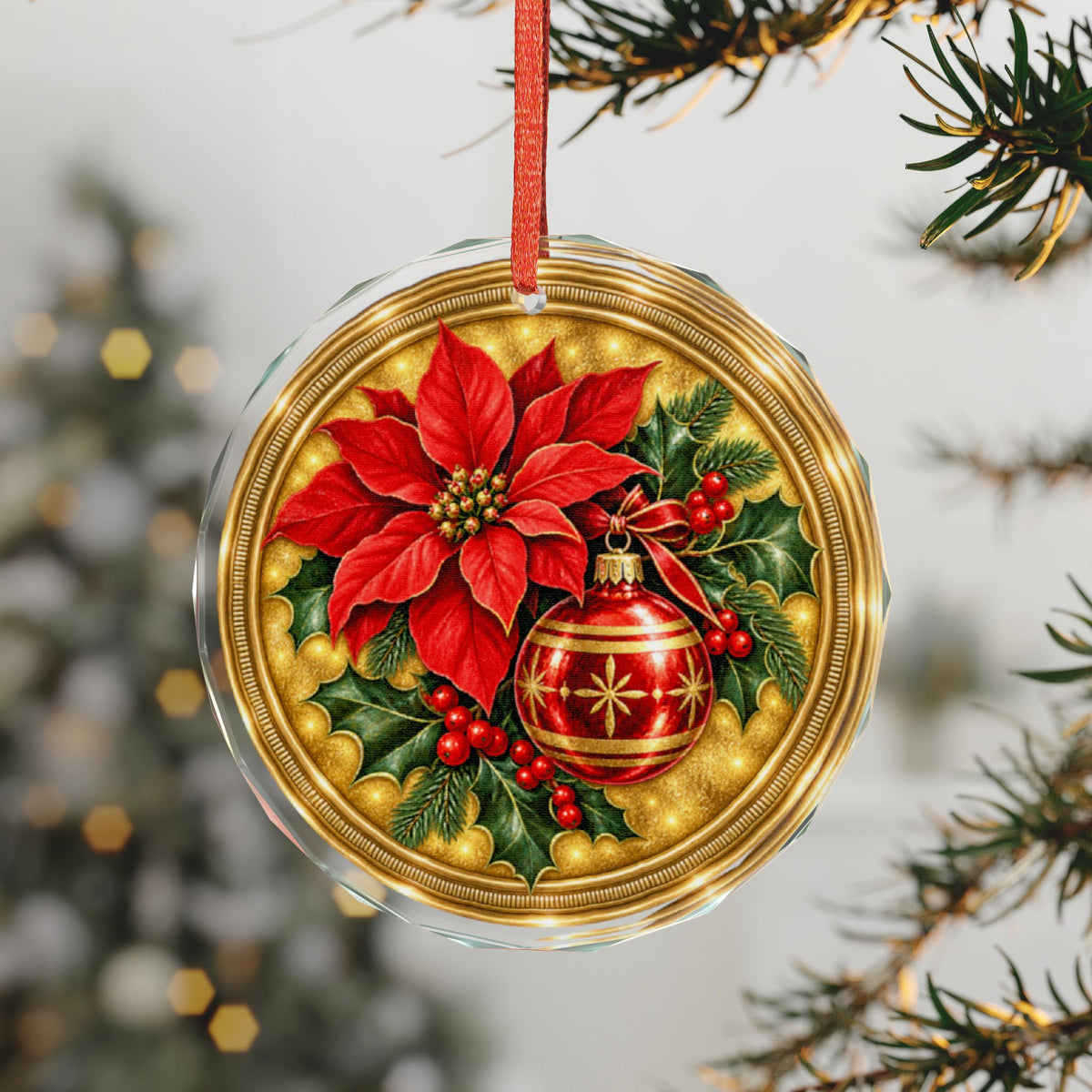Vintage Midcentury Poinsettia and Holly Berries Glass Ornament, Single