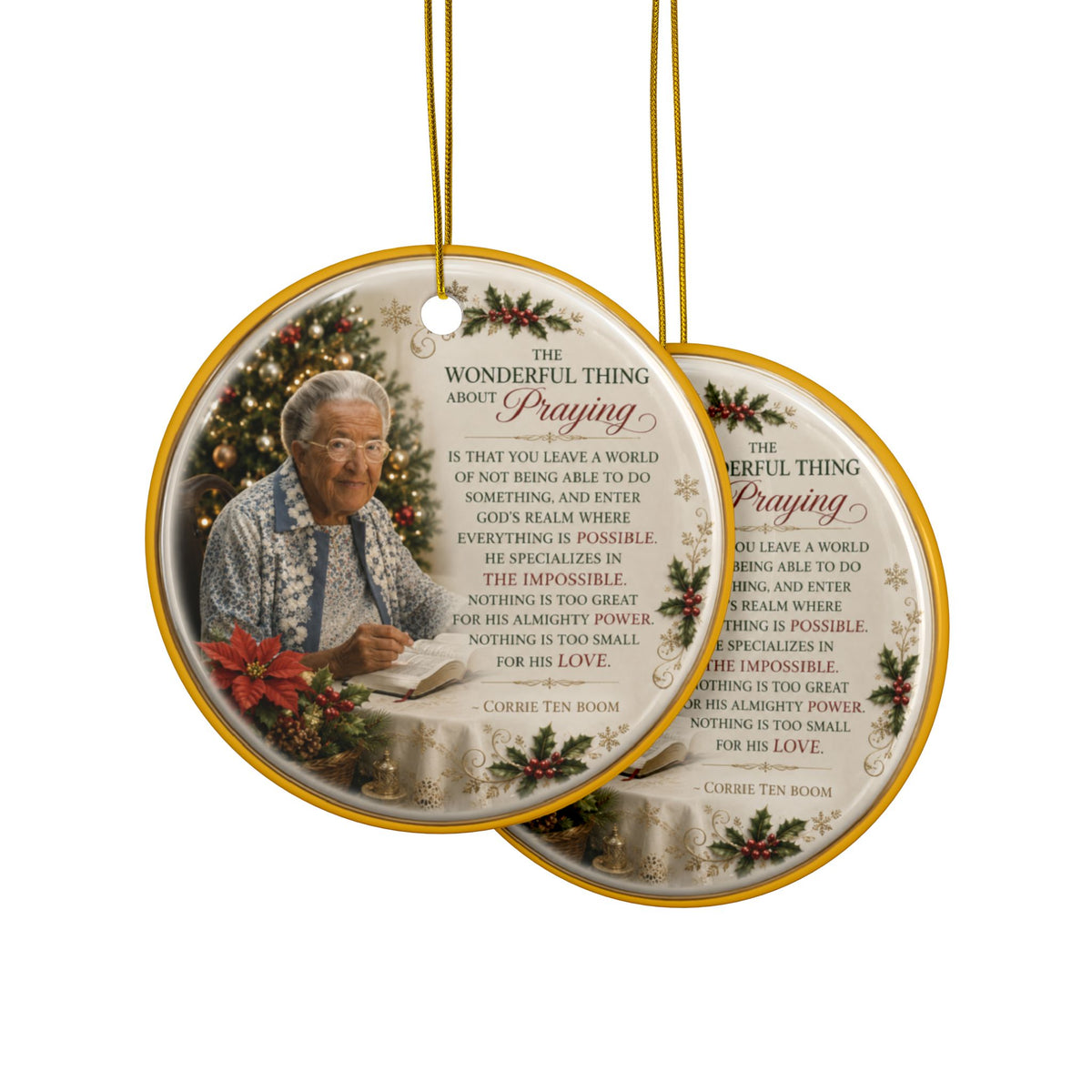 Corrie Ten Boom Praying Christmas Ornaments, 2-Side Print, (1pc, 3pcs, 5pcs, 10pcs)
