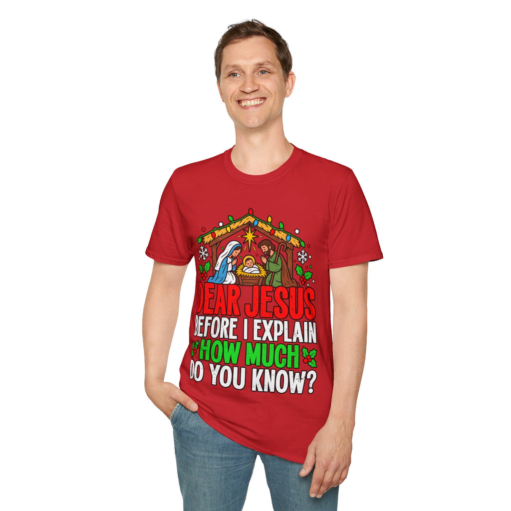Dear Jesus Nativity Illustration T-Shirt | Humorous Religious Christmas Tee