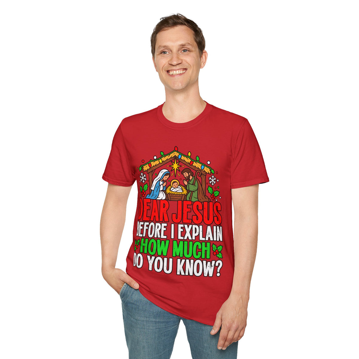 Dear Jesus Nativity Illustration T-Shirt | Humorous Religious Christmas Tee