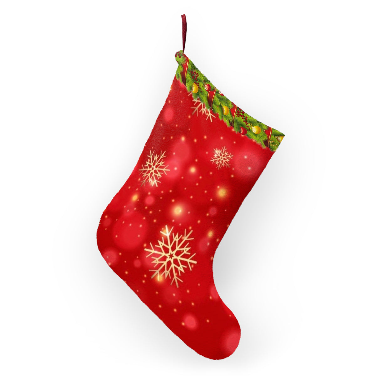 Red Snowflake Christmas Stocking | Holiday Stocking with Green Garland