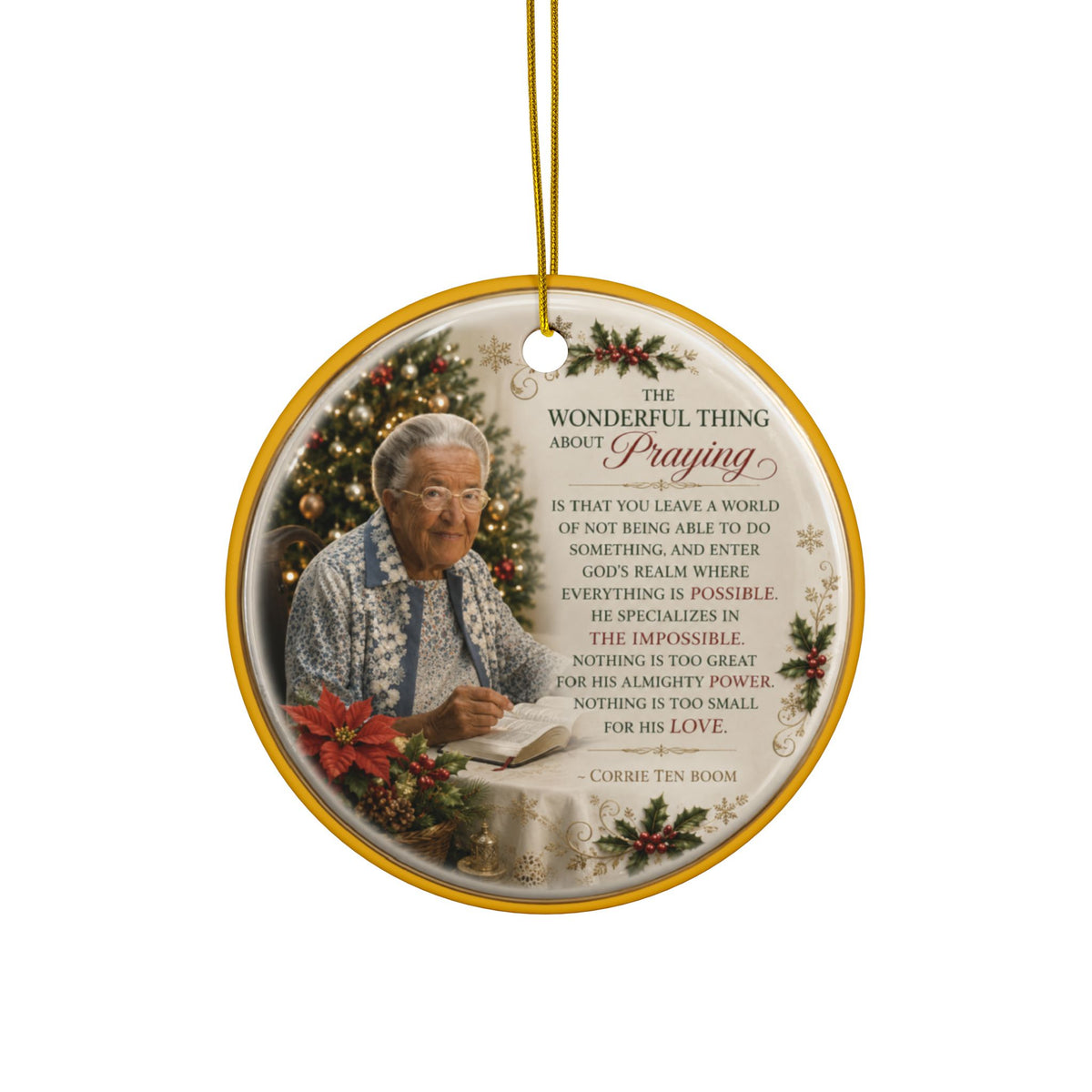 Corrie Ten Boom Praying Christmas Ornaments, 2-Side Print, (1pc, 3pcs, 5pcs, 10pcs)