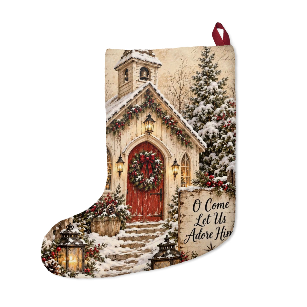 Vintage Church Wreath Christmas Stocking | O Come Let Us Adore Him