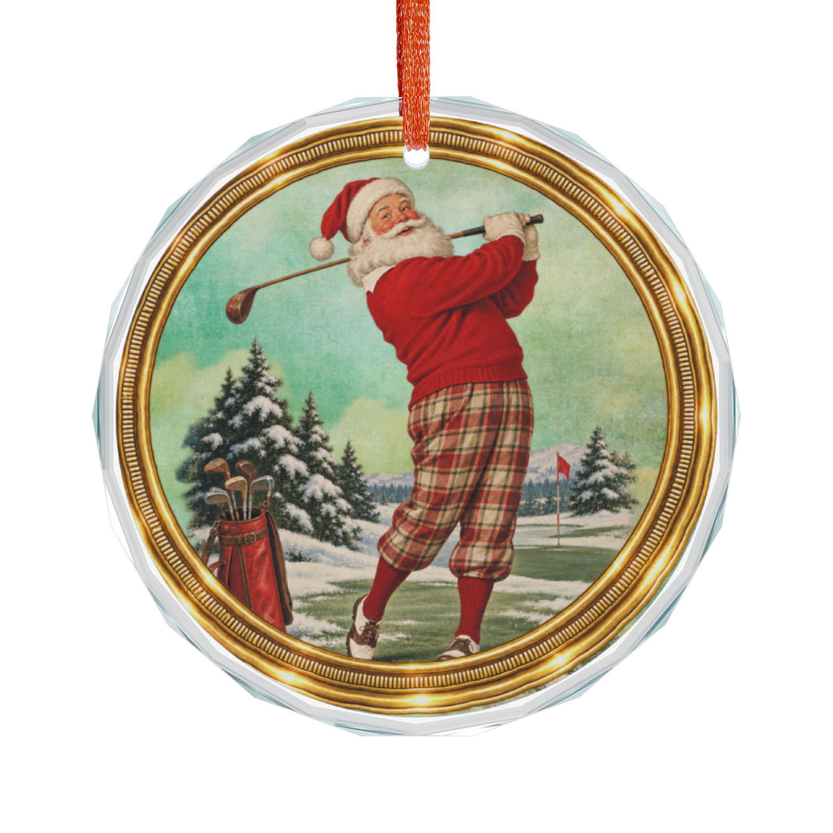 Golfing Santa Glass Ornament — Vintage Holiday Christmas Tree Decoration
