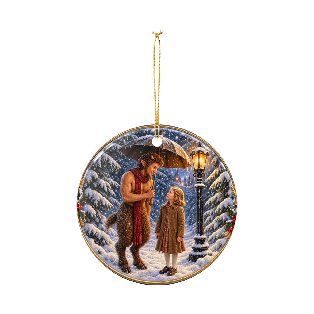 Ceramic Ornament — Winter Wardrobe Portal & Snowy Satyr Scene (2-Sided Holiday Decoration)