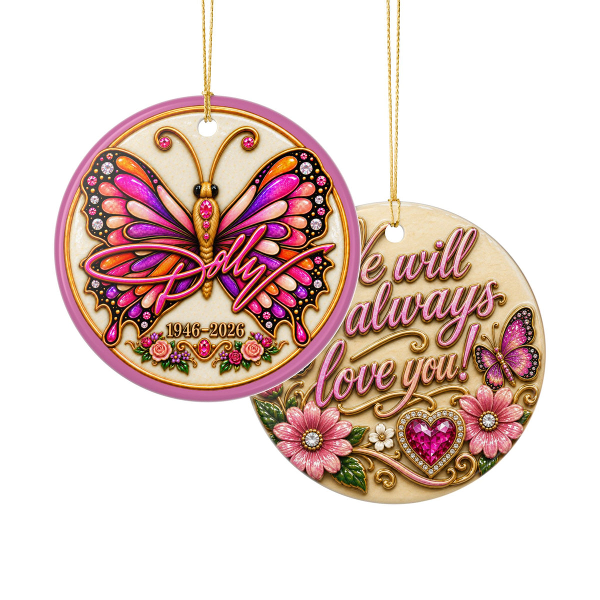 Dolly Signature and Butterfly Remembrance Ceramic Decoration Ornament, double sided (1pc)