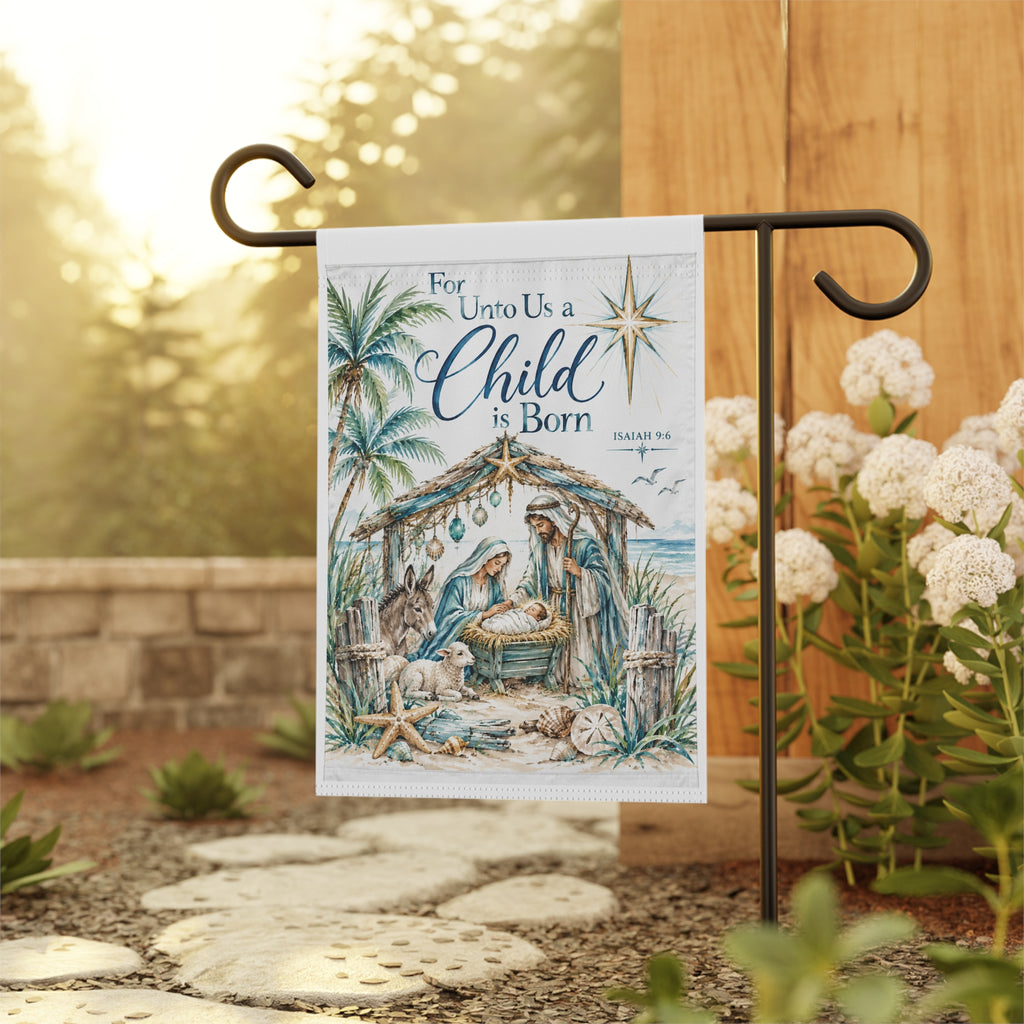 Nativity Scene Garden & House Banner | For Unto Us a Child is Born, Coastal Palm Christmas Banner