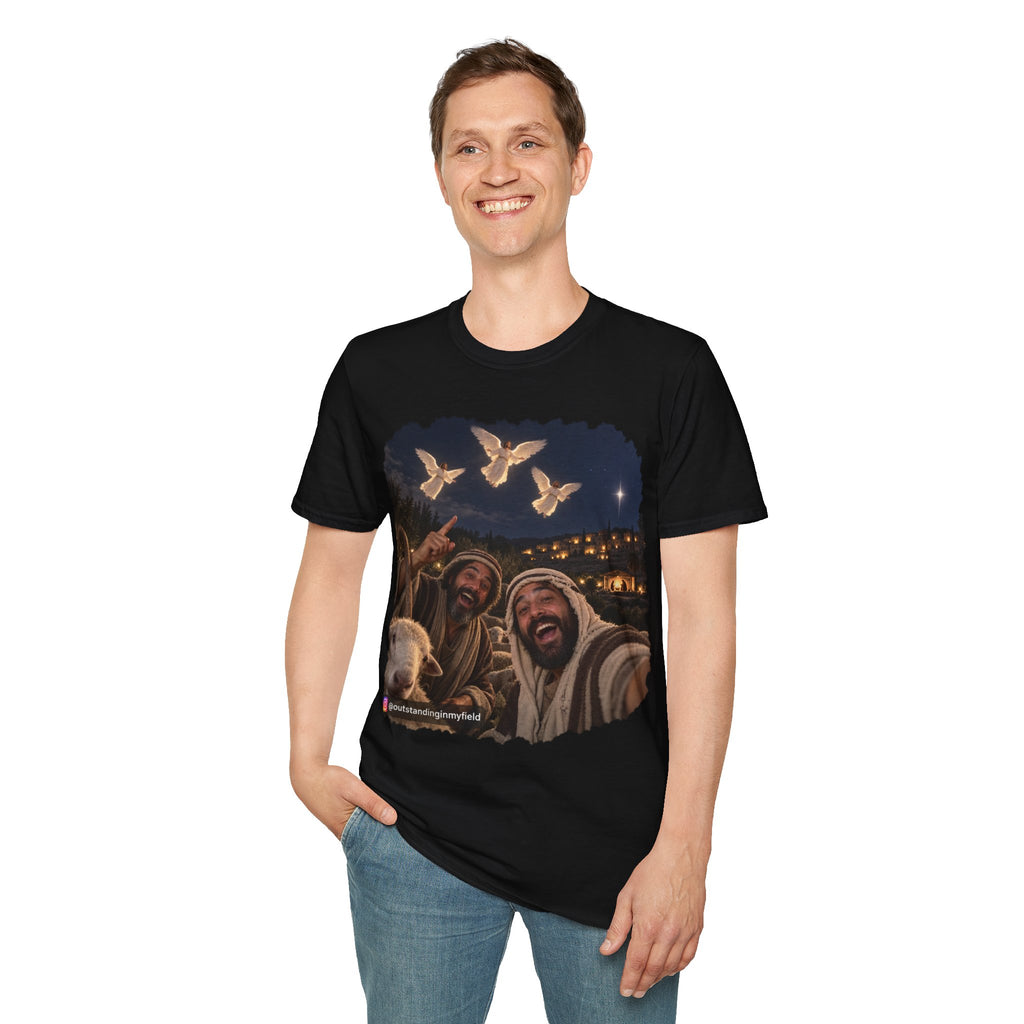 Shepherds Outstanding in the Field Christian Humor Unisex Softstyle Christmas T-Shirt