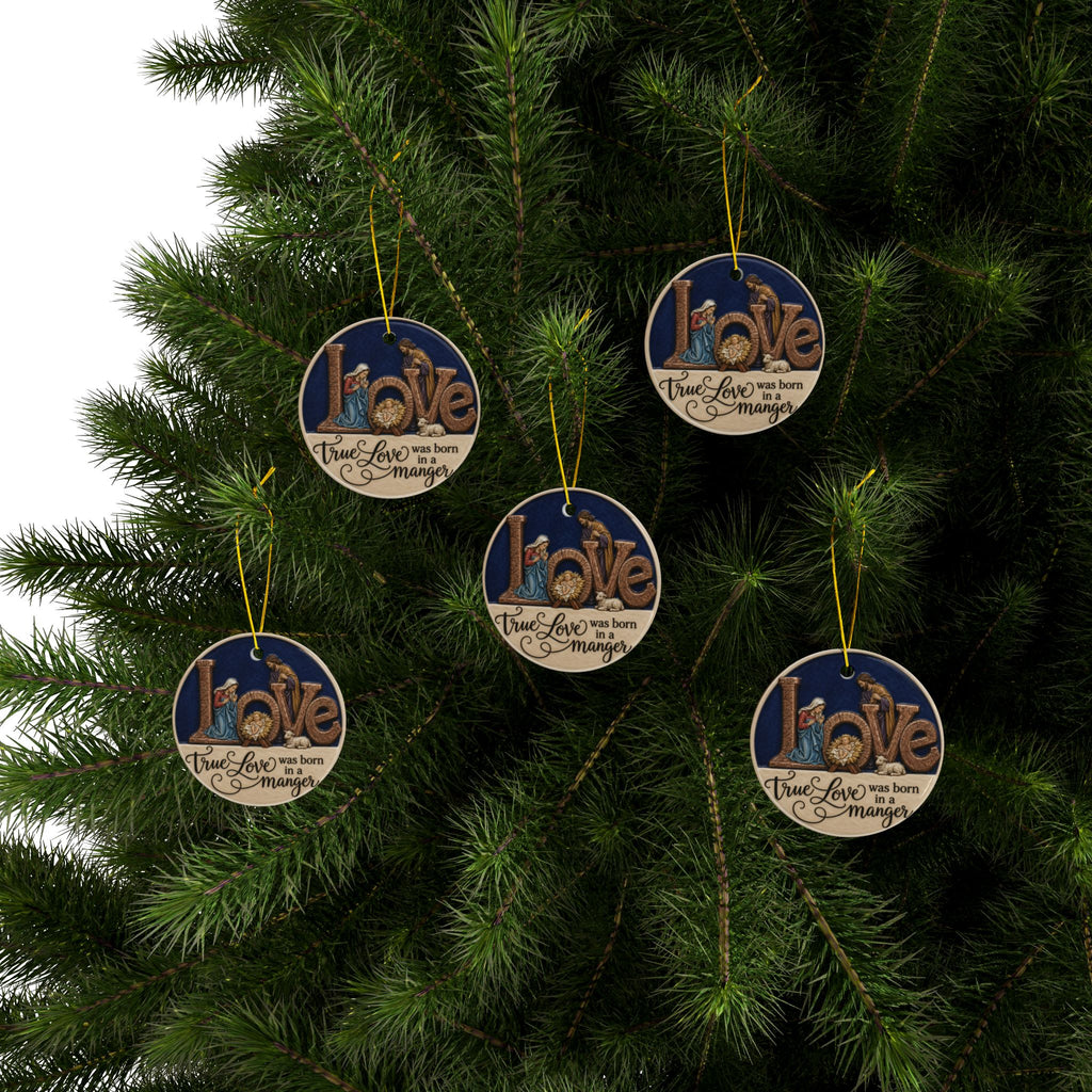 Vintage Nativity True Love was born in a Manger Christmas Ornaments, 2-Side Print, (1pc, 3pcs, 5pcs, 10pcs)