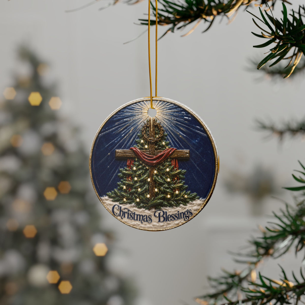 Christmas Blessings Cross with crown of thorns Christmas Ornaments, 2-Side Print, (1pc, 3pcs, 5pcs, 10pcs)